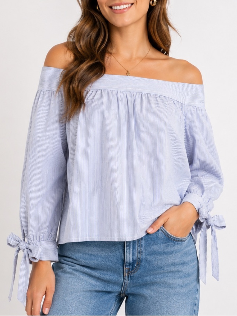 Max Studio Off Shoulder Stripe 100% Cotton Tie Sleeve Blouse Women’s S